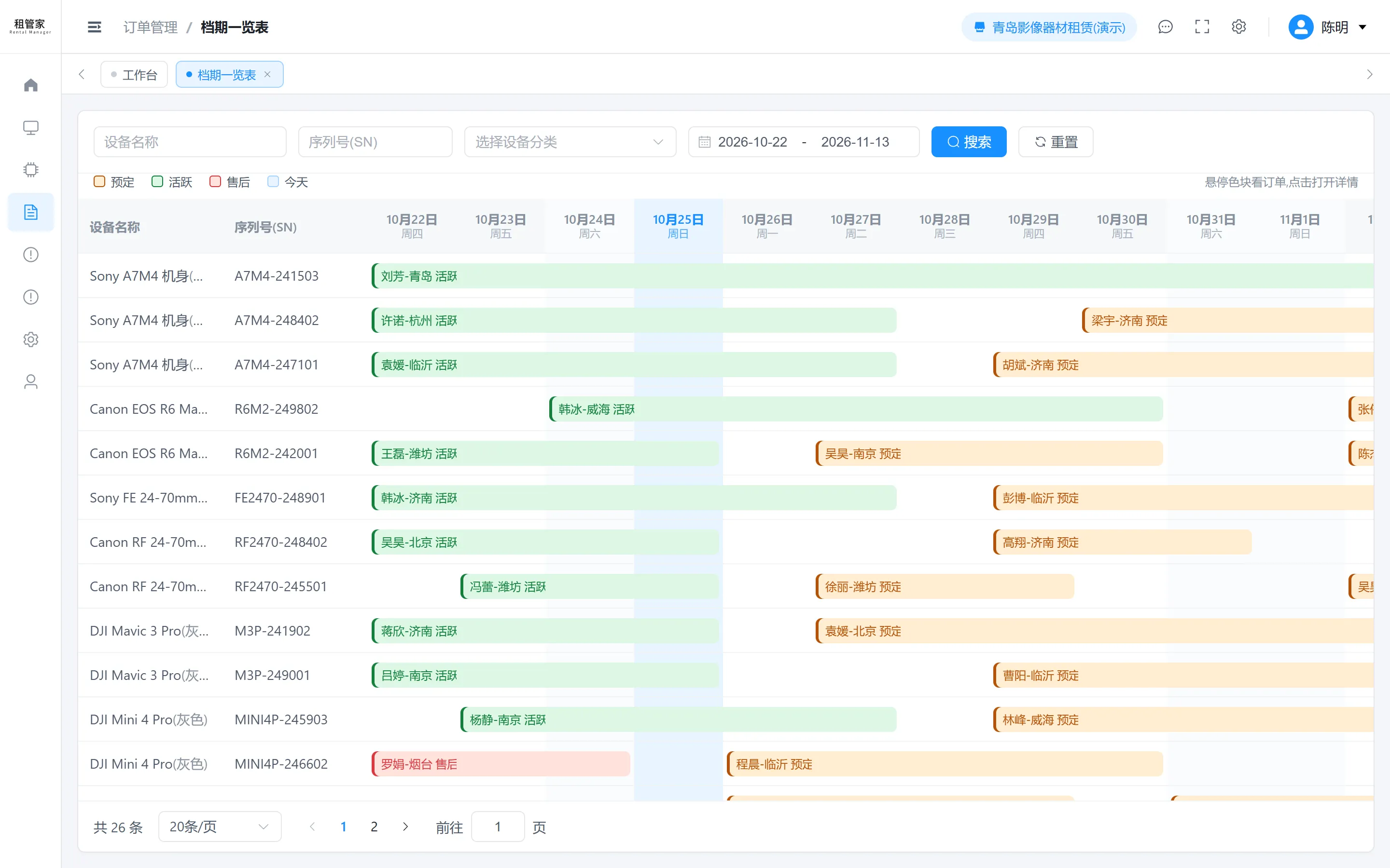 租管家档期一览表:设备按日期显示预定、在租、售后状态